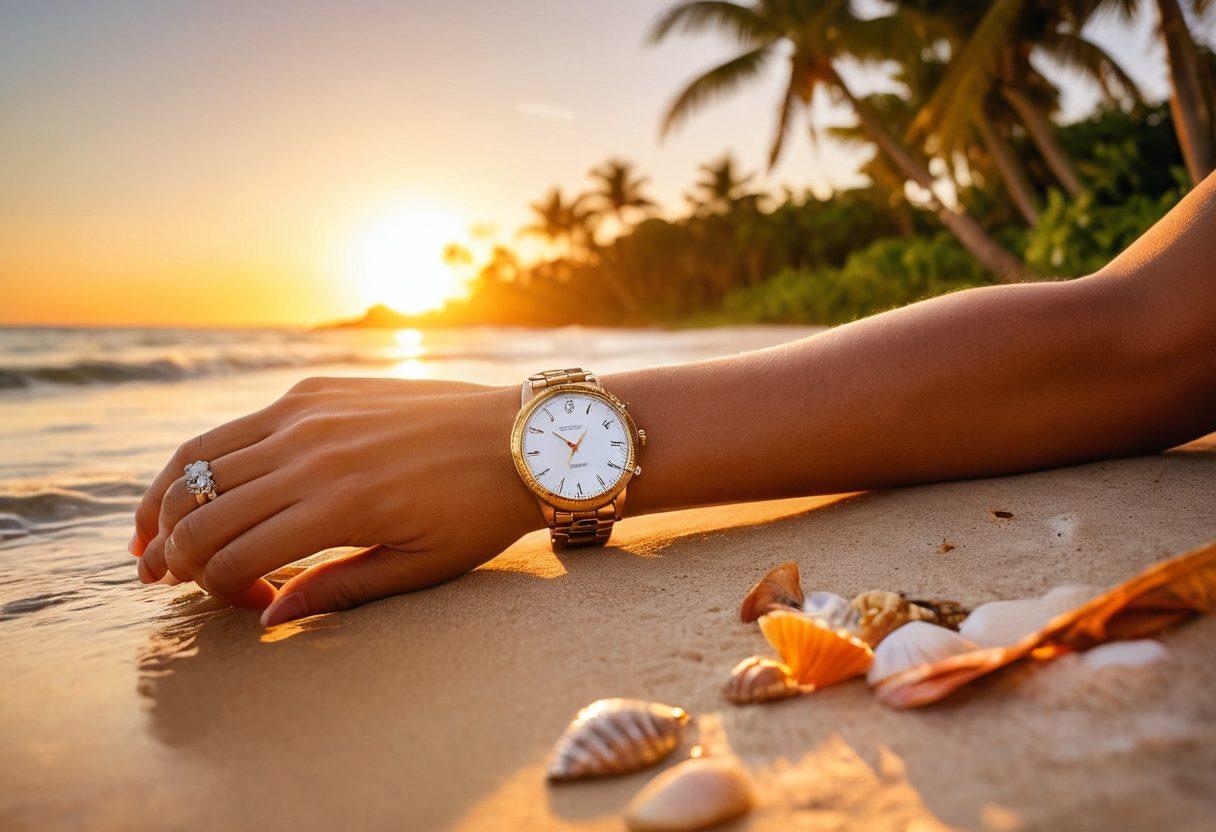 A luxurious beach scene showcasing a stylish individual wearing a high-end watch while lounging on a sandy shoreline. The sun is setting, casting a golden glow over the water, and tropical palm trees frame the background. The watch is prominently displayed on the wrist, sparkling against a backdrop of vibrant beach attire. Include soft waves lapping at the shore and seashells scattered around, adding to the relaxing atmosphere. super-realistic. vibrant colors. soft focus.