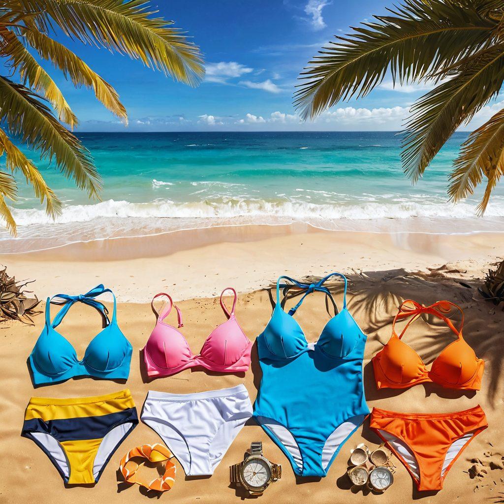 A stunning beach scene featuring an array of fashionable swimwear on display, with stylish luxury watches glimmering in the sunlight, surrounded by palm trees and golden sand. Include a vibrant ocean in the background, showcasing waves gently crashing along the shore. The image should evoke a sense of luxury and relaxation, perfect for a beach getaway. super-realistic. vibrant colors. sunny atmosphere.